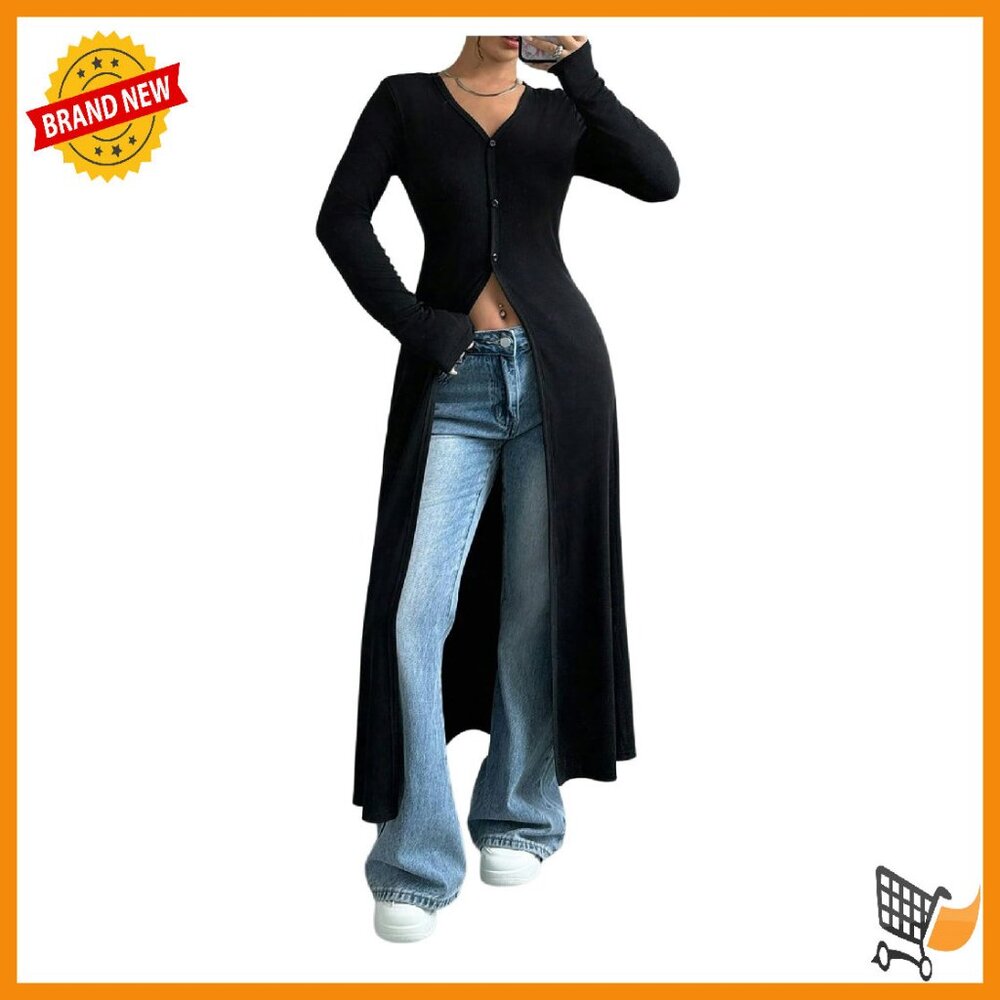 Long Button Down Cardigan V Neck Ribbed Knit Sweater Casual Tops